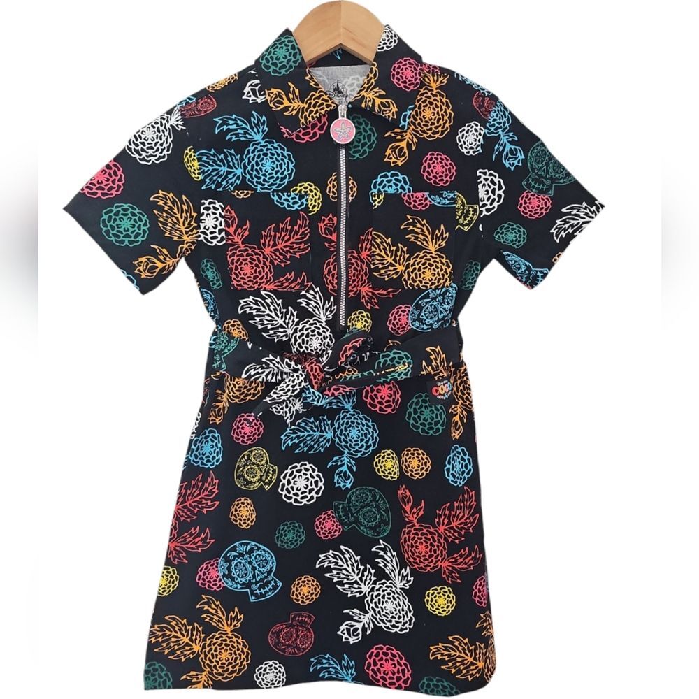 Disney Coco Short-Sleeve Dress with Colorful Floral and Sugar Skull Print- EUC